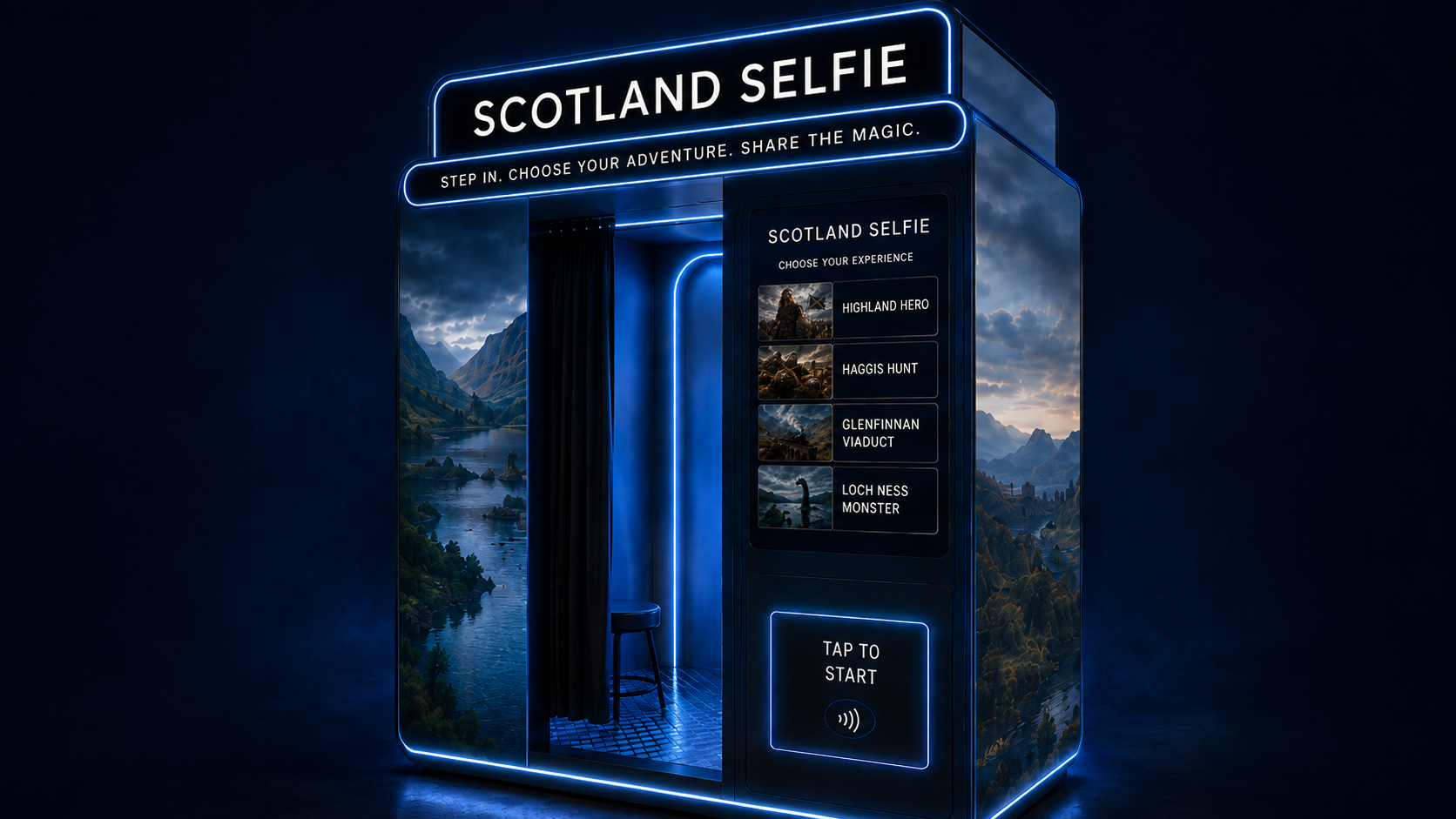 Scotland Selfie AI photo booth with neon signage and an experience selection screen